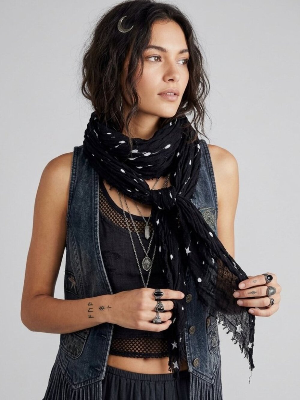 Aeropostale Black Sheer Gauze Constellation Scarf Celestial Star Wrap Grunge